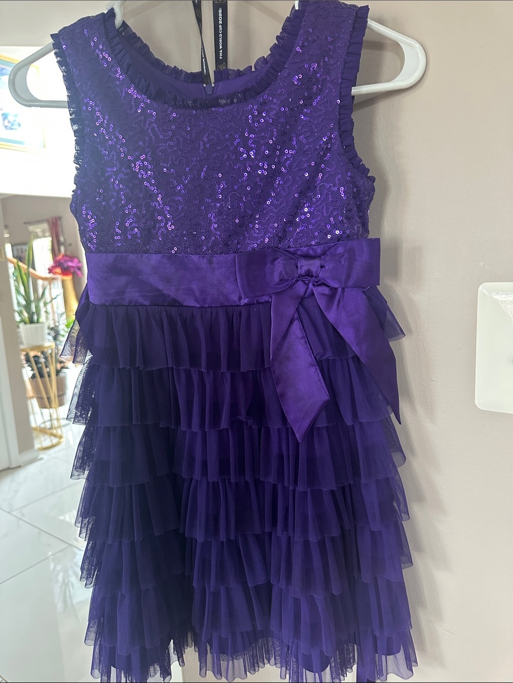 Girls Purple Sequin & Tiered Tulle Party Dress